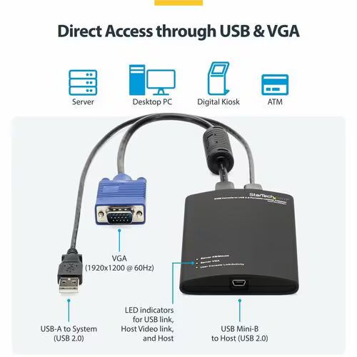 KVM Console to USB 2.0 Portable Laptop Crash Cart Adapter, Compact Notebook/Netbook KVM to USB Portable KVM Console, TAA